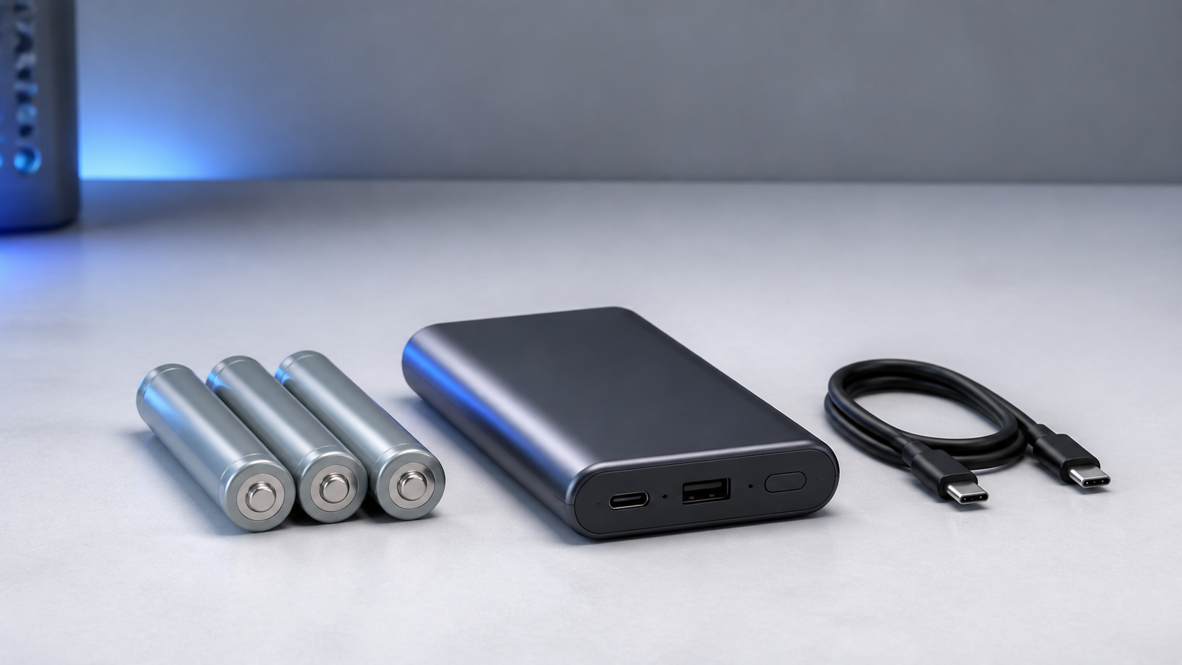 Generic power bank beside battery cells and a USB-C cable