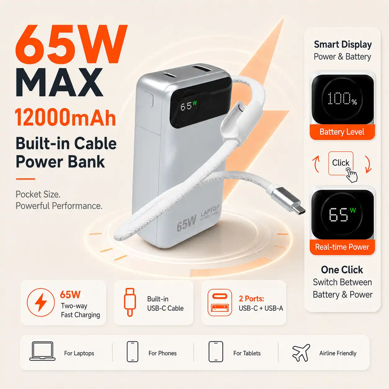 Votaix 65W fast charging power bank with USB-C cable