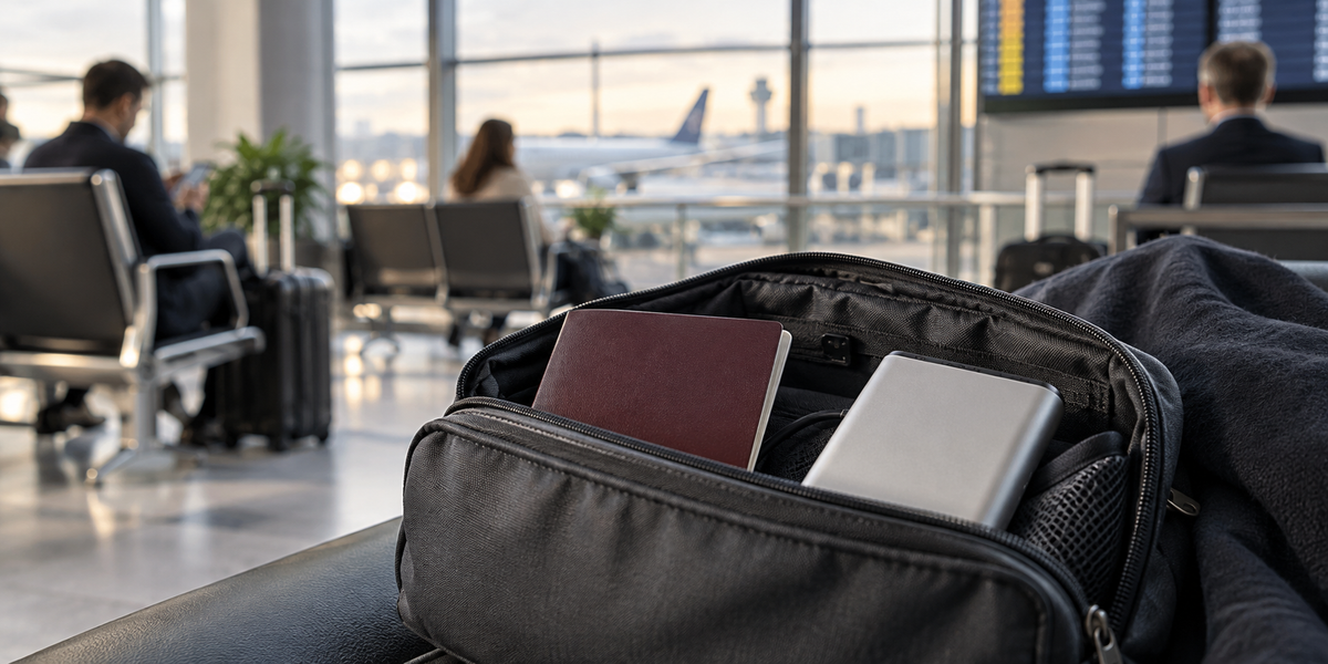 Generic portable power bank packed in a carry-on pouch at an airport gate