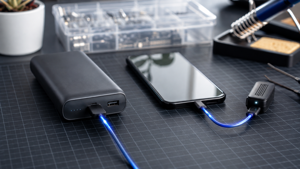USB battery pack powering a phone and small accessory on an electronics desk