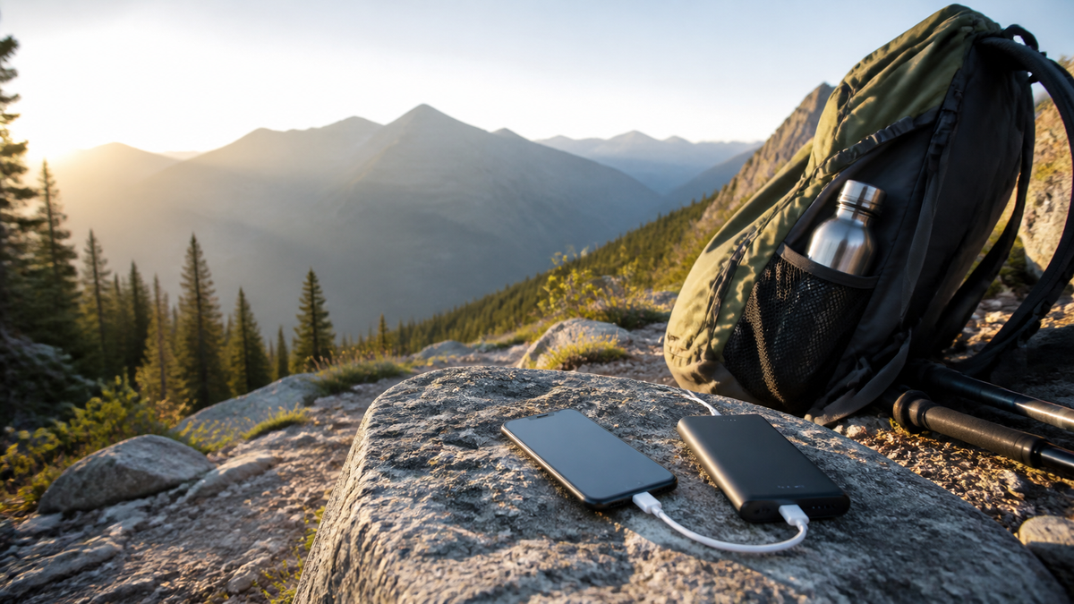 Best power bank for backpacking charging a phone beside a hiking pack on a mountain trail