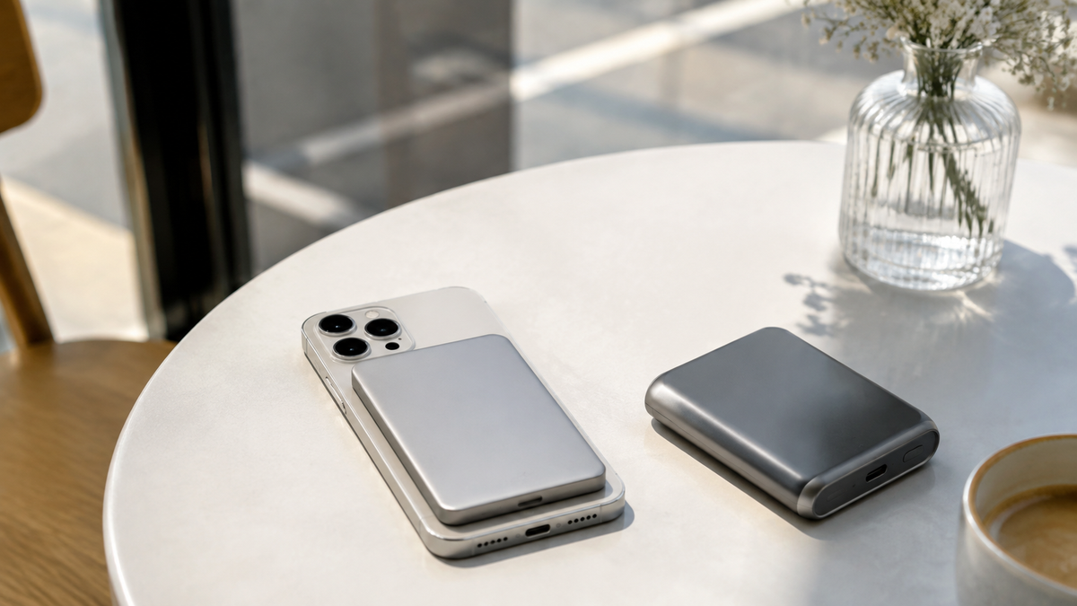 Magnetic and wired power banks beside an unbranded smartphone on a cafe table