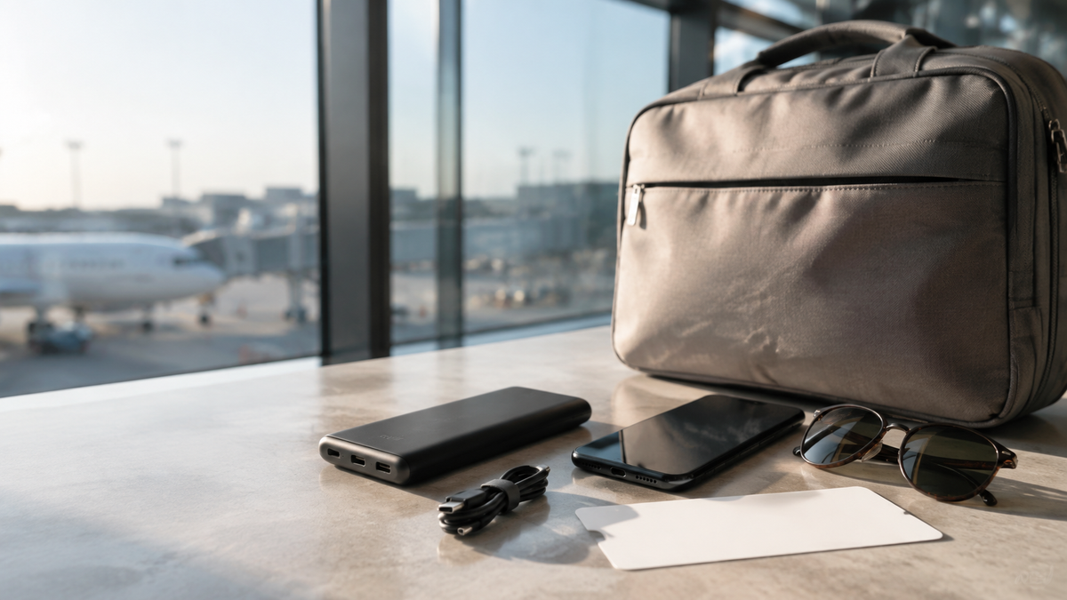 Slim power bank and travel essentials on an airport lounge table