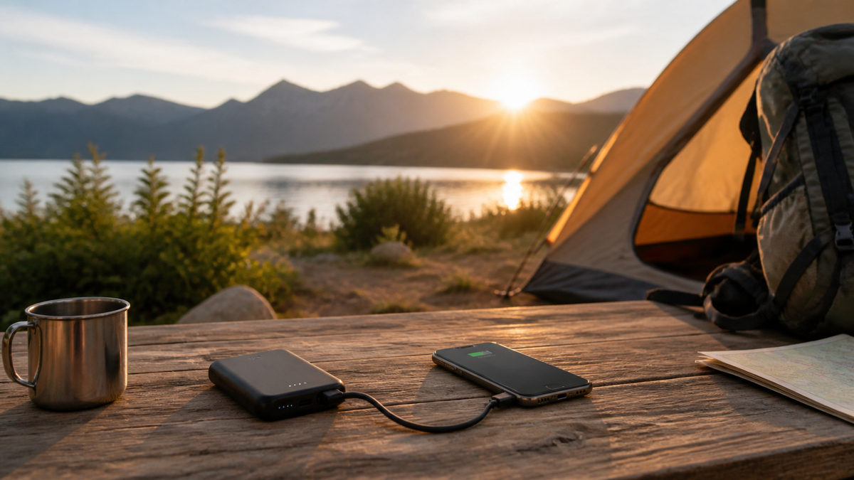 Camping power bank charging a phone beside a tent