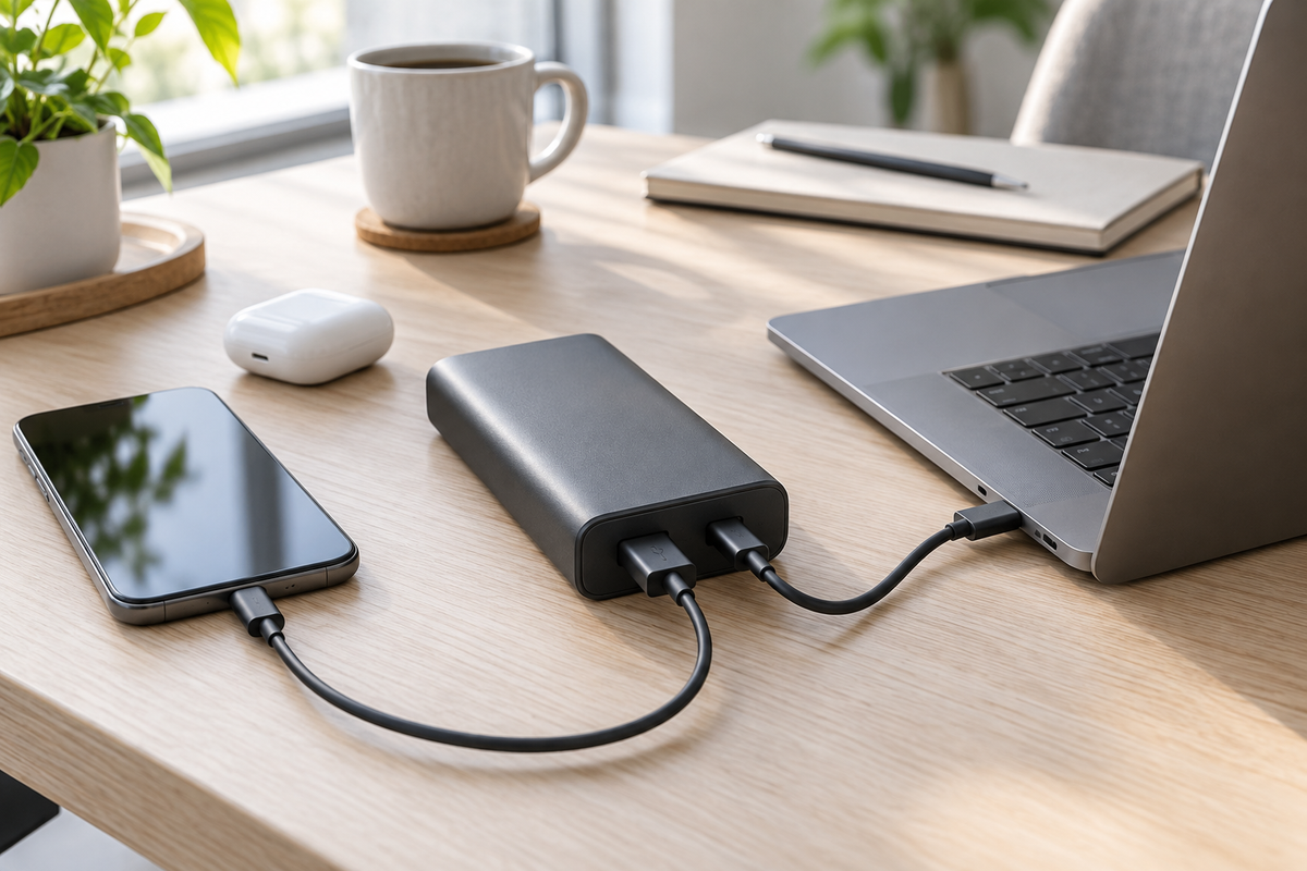 Generic portable power bank charging an unbranded laptop and smartphone at a desk