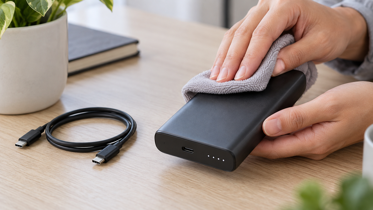 Generic portable power bank being cleaned with a dry cloth