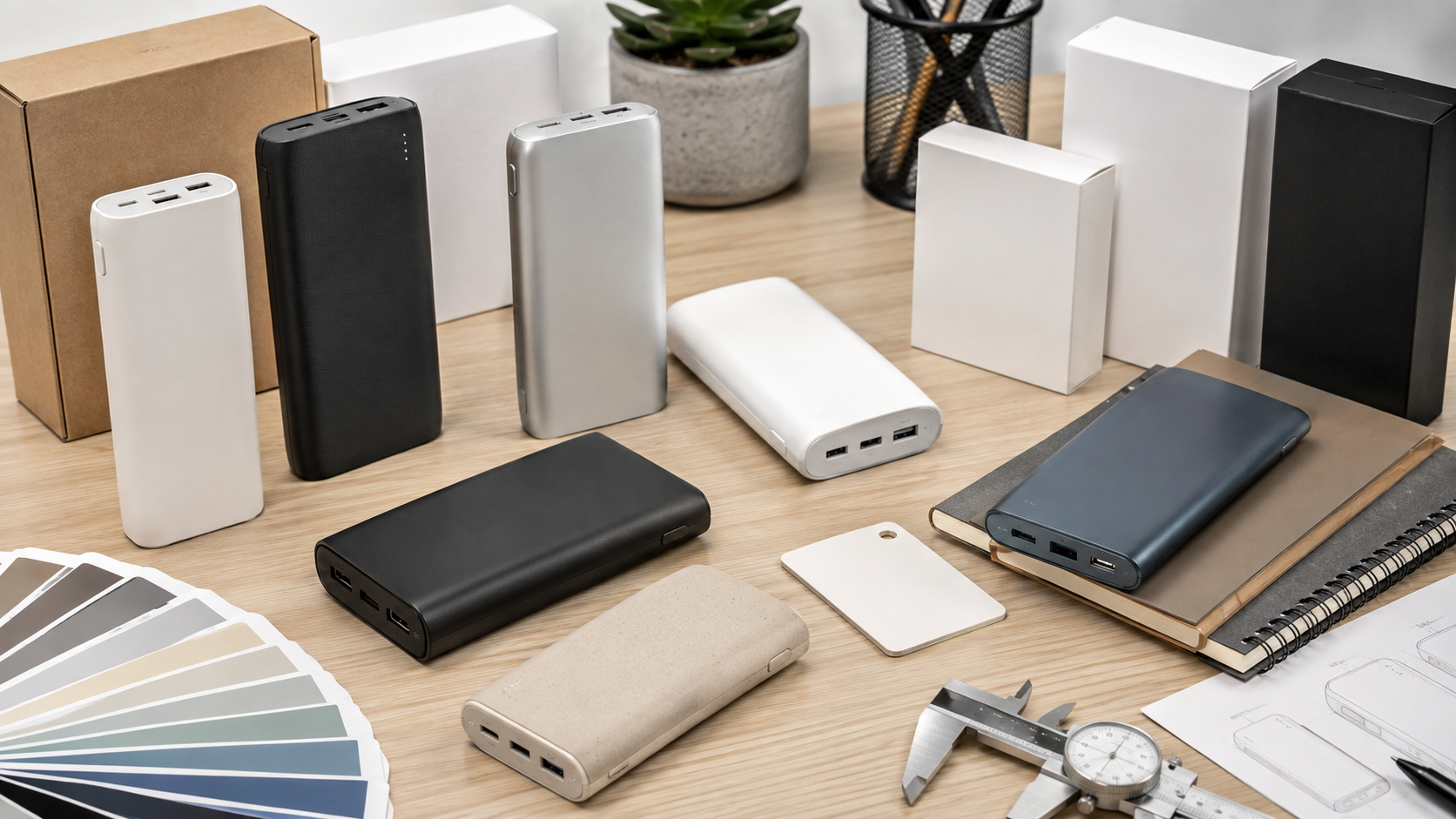 Unbranded power bank samples, blank packaging, and color swatches on a sourcing desk