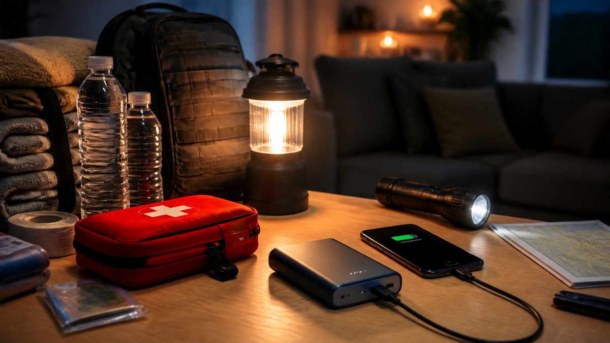 Emergency power bank charging a phone during an outage