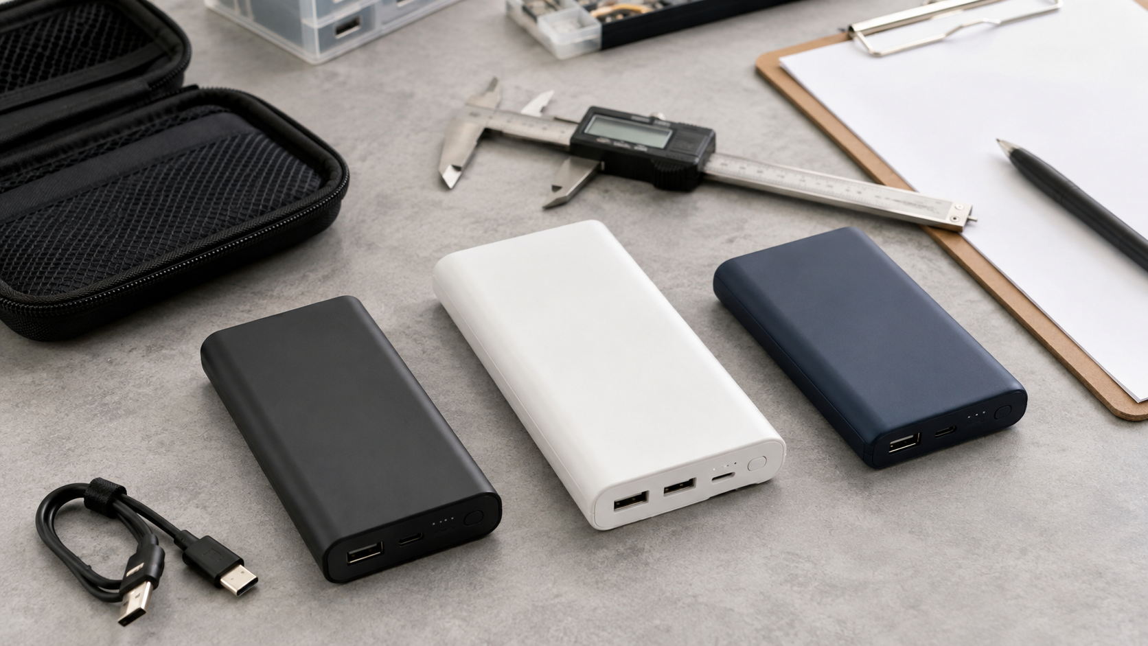 Three power banks arranged on a clean quality inspection workbench