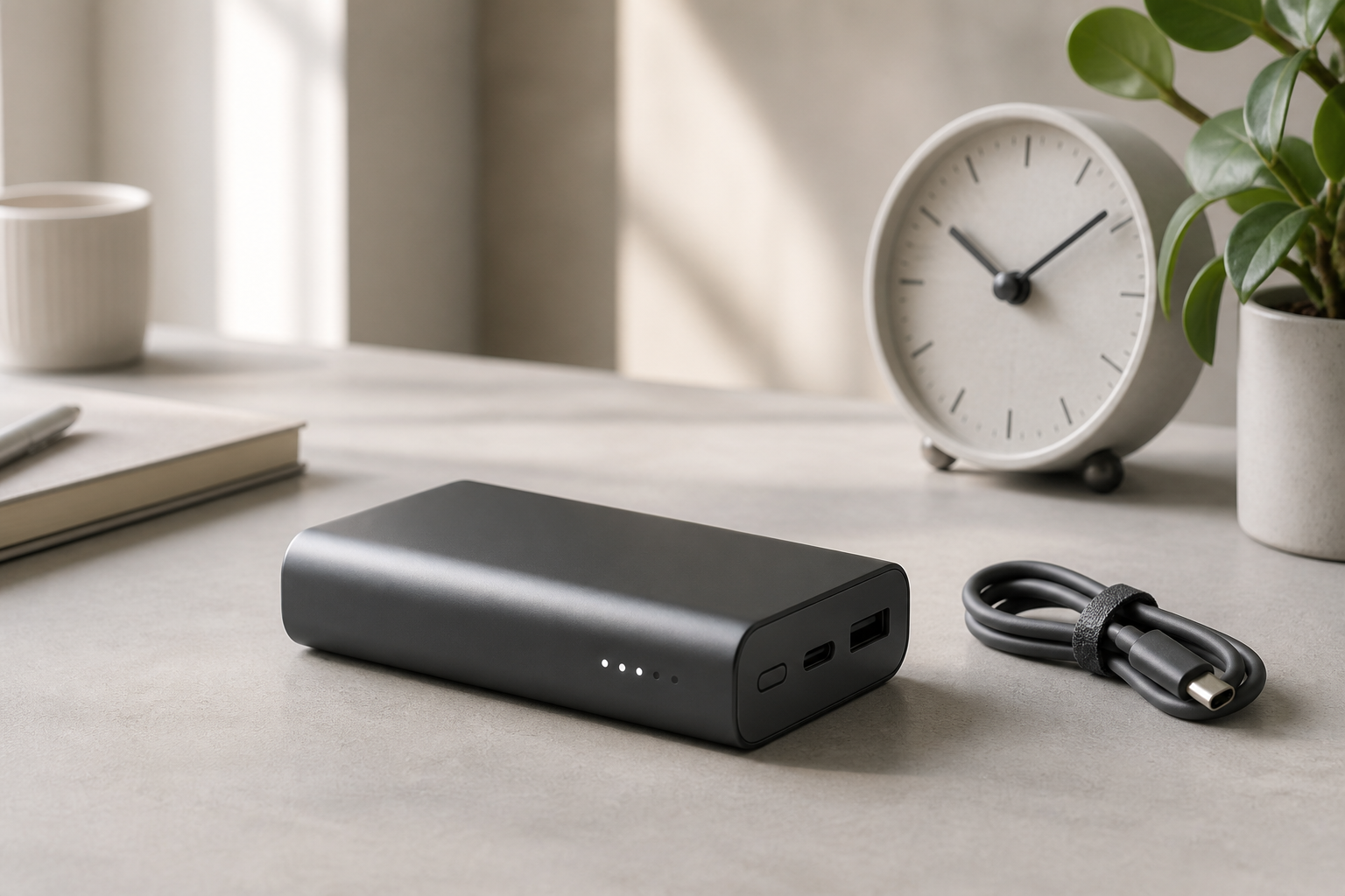 How long do power banks last illustrated by a portable charger beside a clock