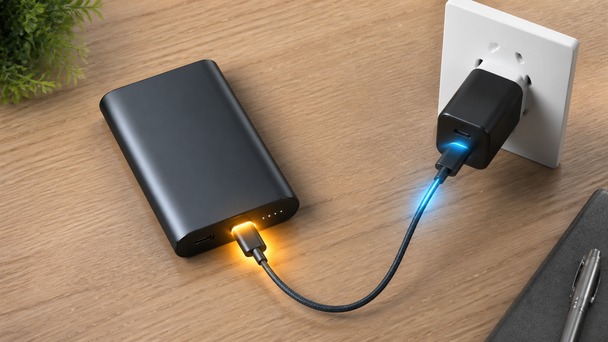 Power bank recharging through a USB-C wall charger