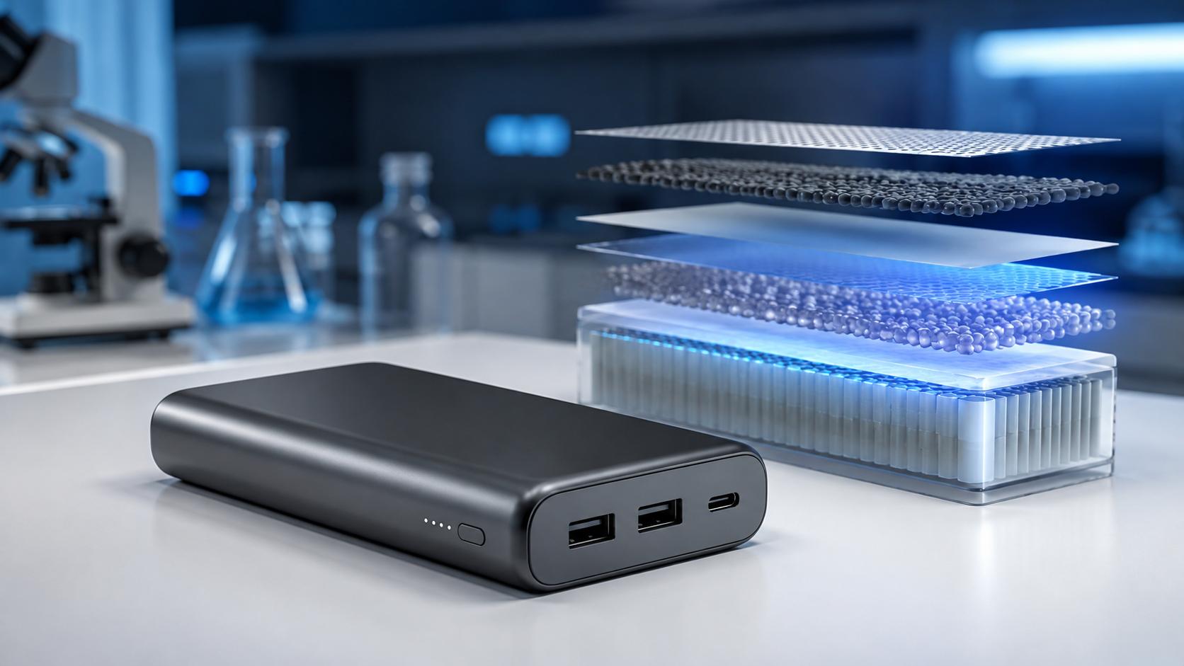 Power bank beside a safe layered visualization of battery cell construction