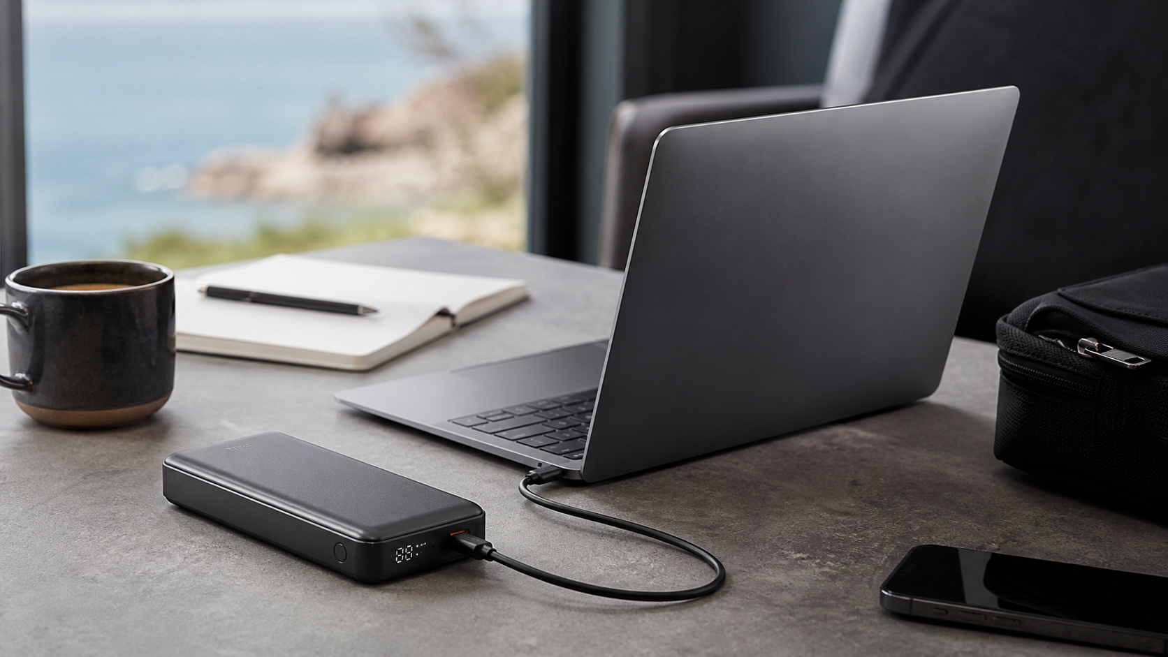 MacBook powerbank concept with a generic laptop charging from a USB-C portable battery