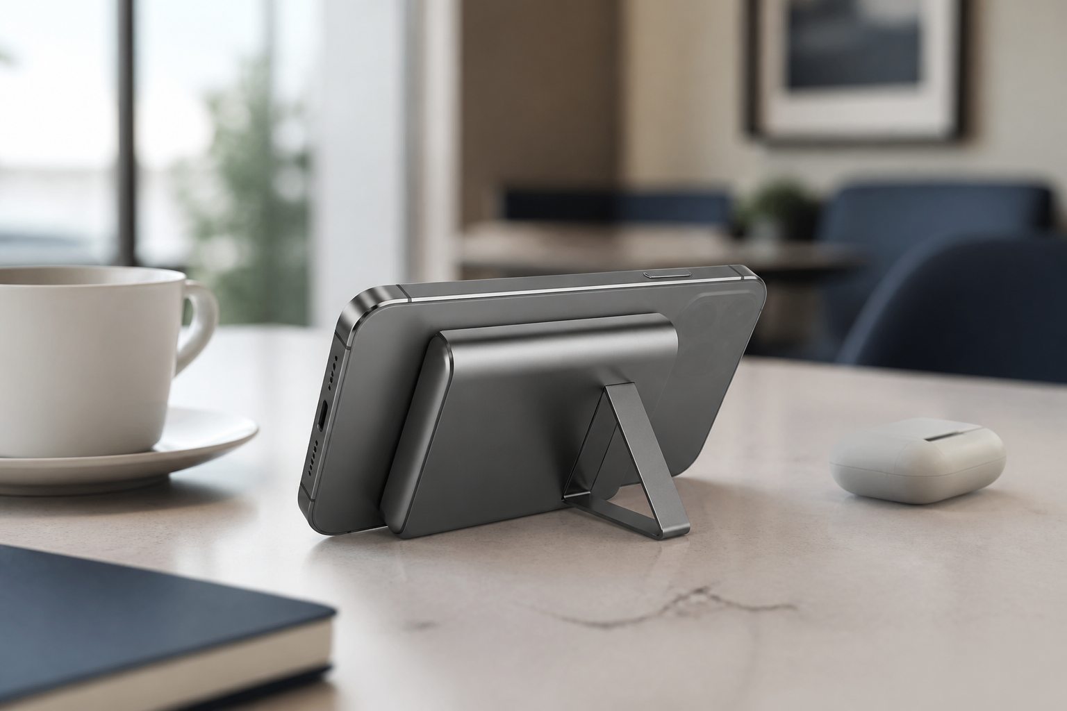 Magnetic power bank with stand supporting a phone in landscape viewing mode