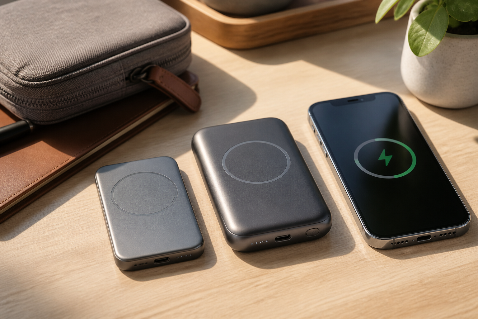 Two magnetic battery packs in different sizes beside a smartphone