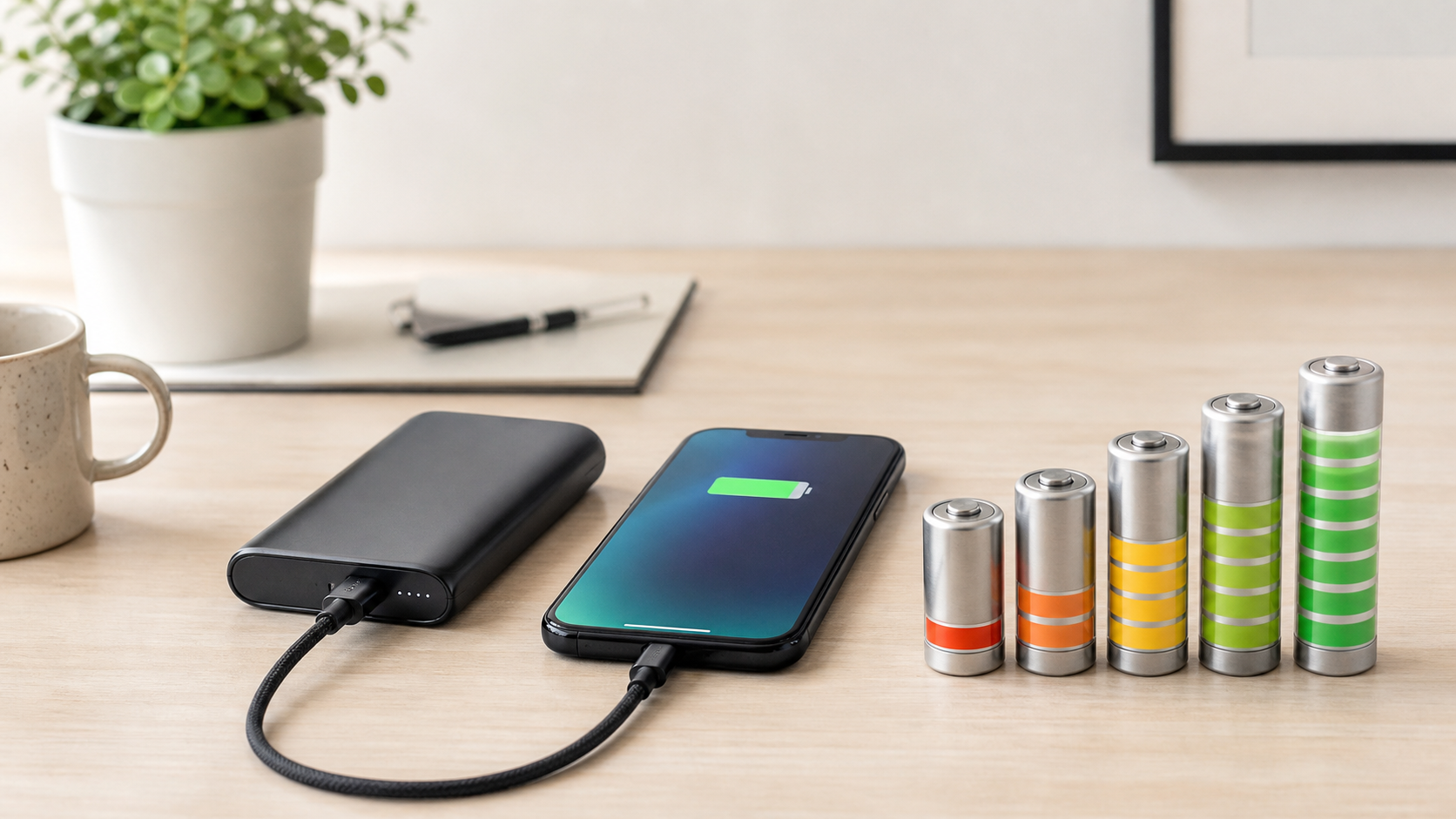 mAh in battery concept shown with a power bank charging a phone beside battery level symbols