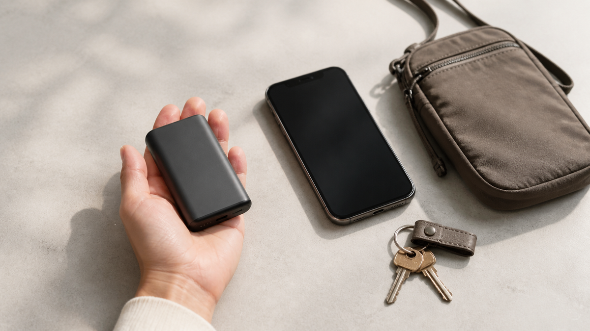 Compact power bank held in one hand beside a phone, keys, and small bag