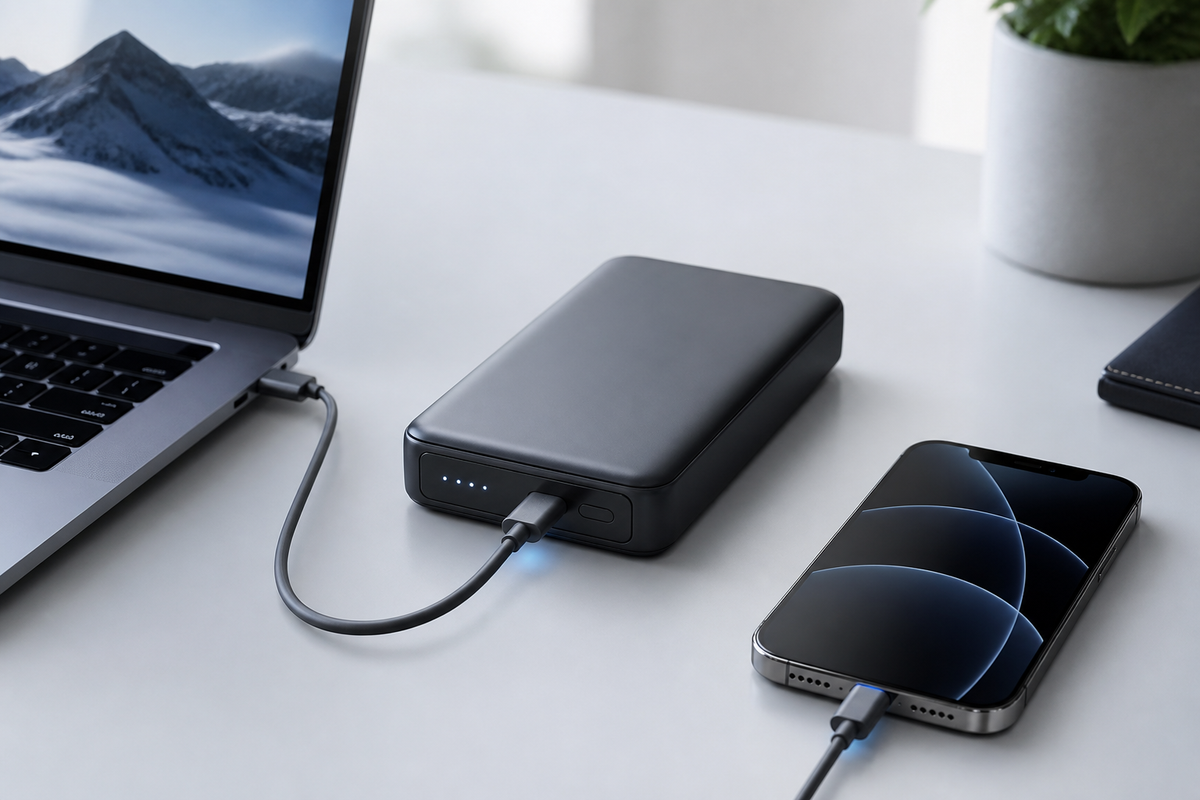 USB-C PD power bank connected to a laptop and smartphone