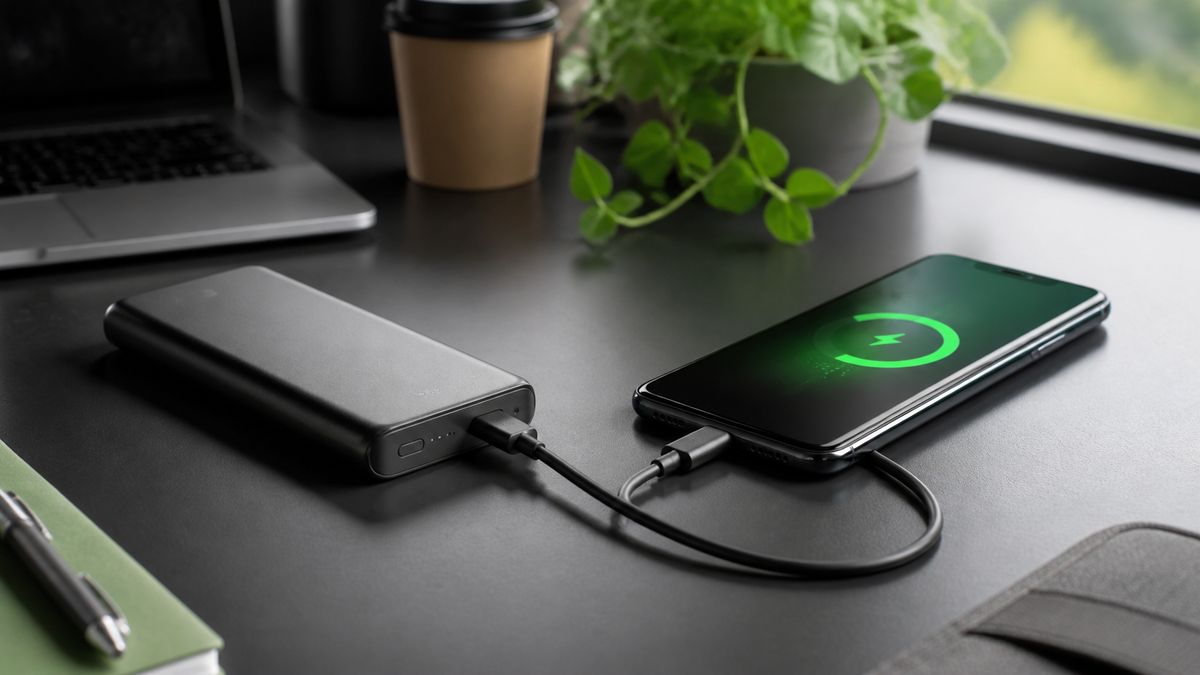 Portable charger connected to an Android phone with USB-C