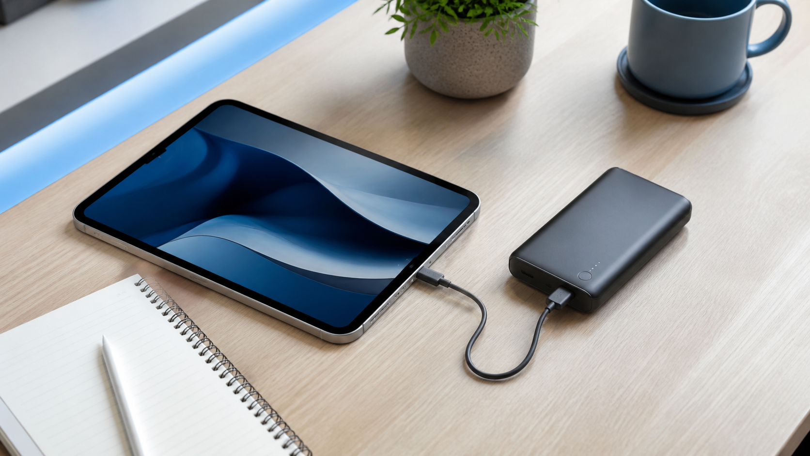 Portable USB-C power bank charging a tablet