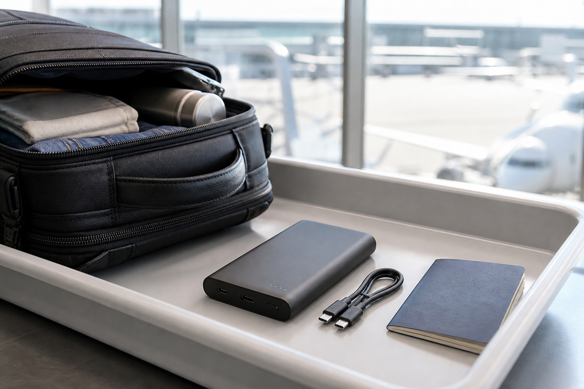 Power bank in an airport security tray for carry-on travel