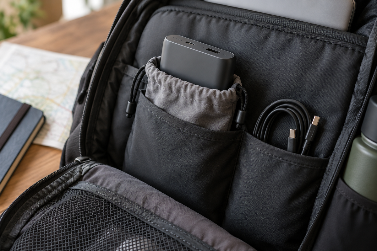 Generic portable power bank stored in an organized backpack pocket