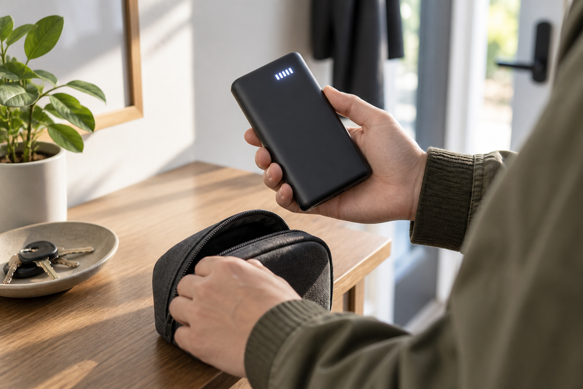 Generic portable power bank with illuminated battery level indicator before travel