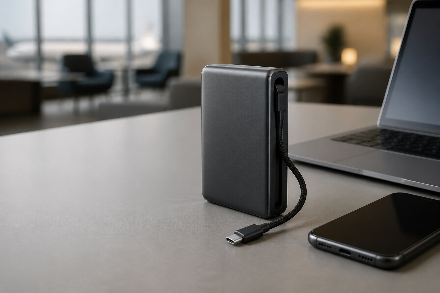 Power bank with built-in USB-C cable beside a laptop and smartphone