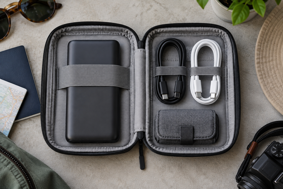 Generic power bank with neatly organized USB-C cables in a travel pouch