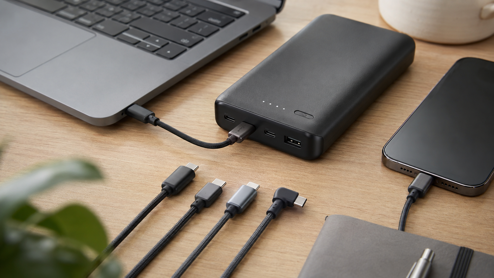 USB-C cables arranged beside a power bank, laptop, and phone