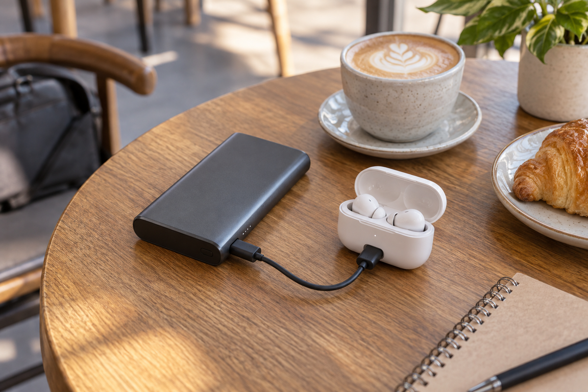 Generic portable power bank charging a wireless earbuds case on a café table