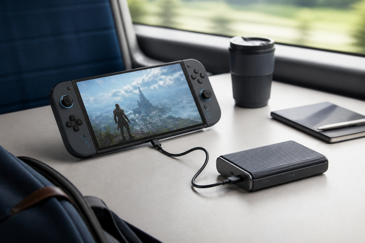 Power bank for Nintendo Switch 2 charging a generic handheld game console