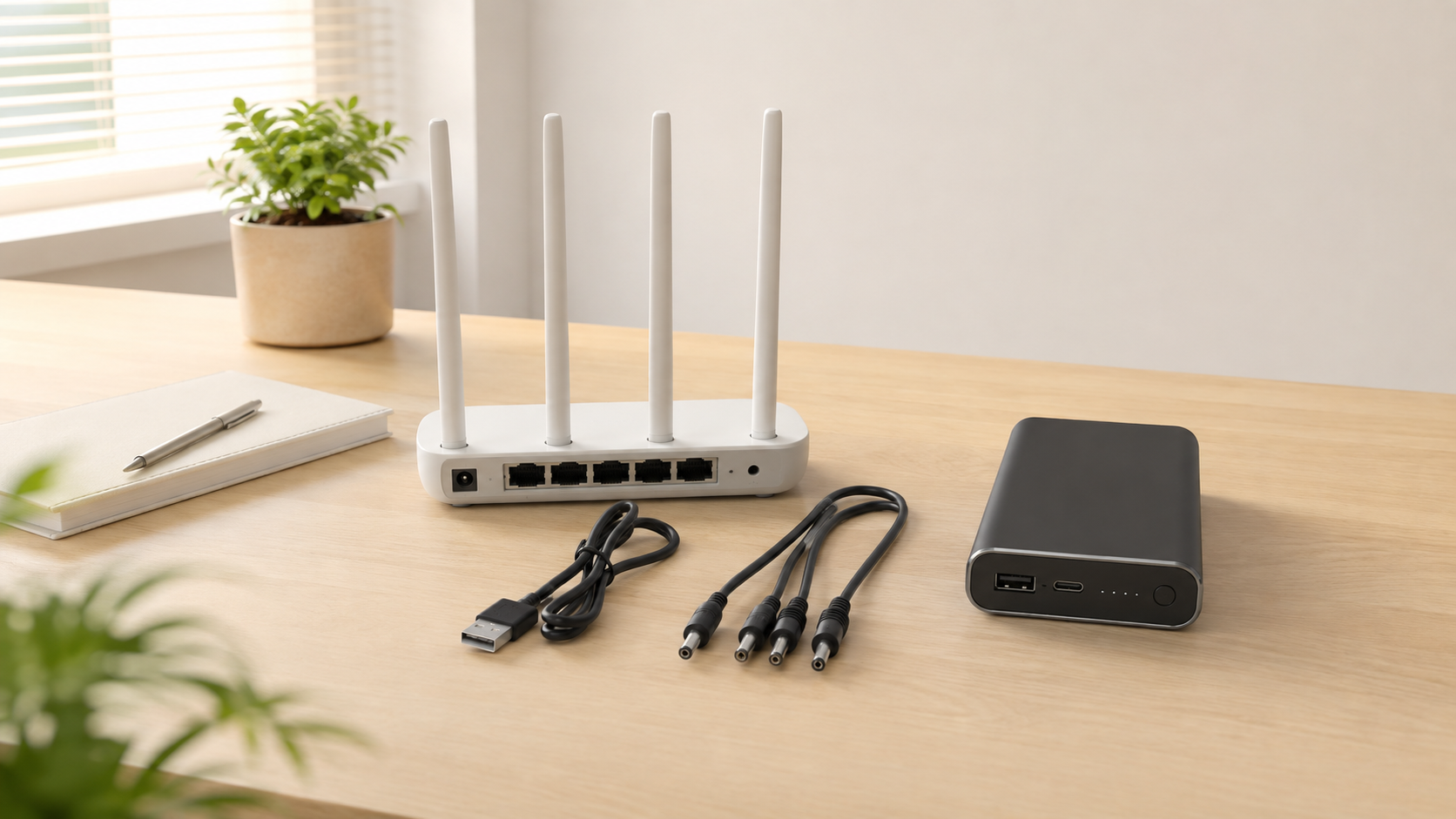 WiFi router, power bank, USB cable, and barrel connectors arranged for compatibility checking