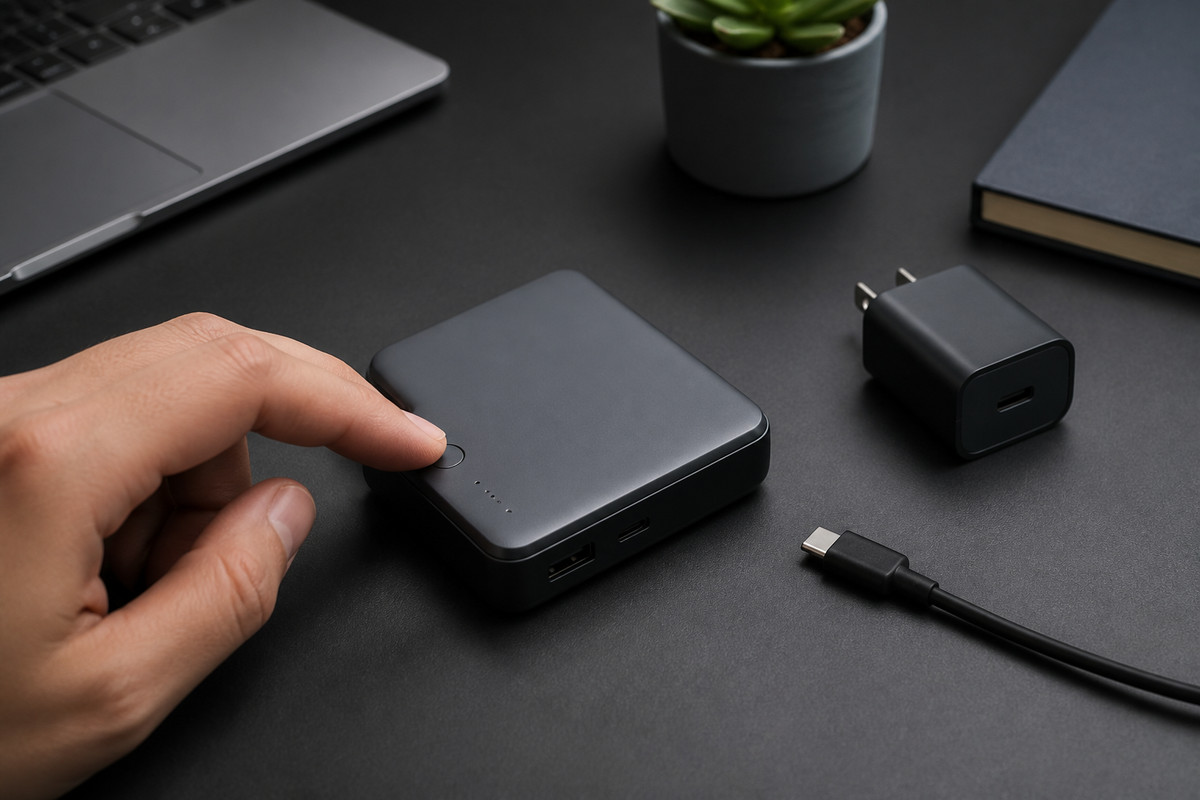 Power bank not turning on while a user checks its button, USB-C cable, and charger