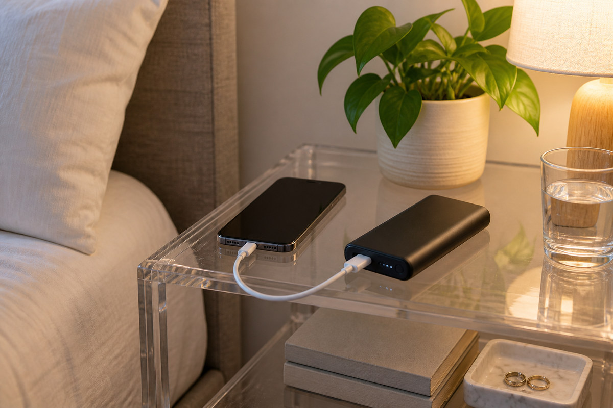 Generic power bank charging safely on a clear bedside table