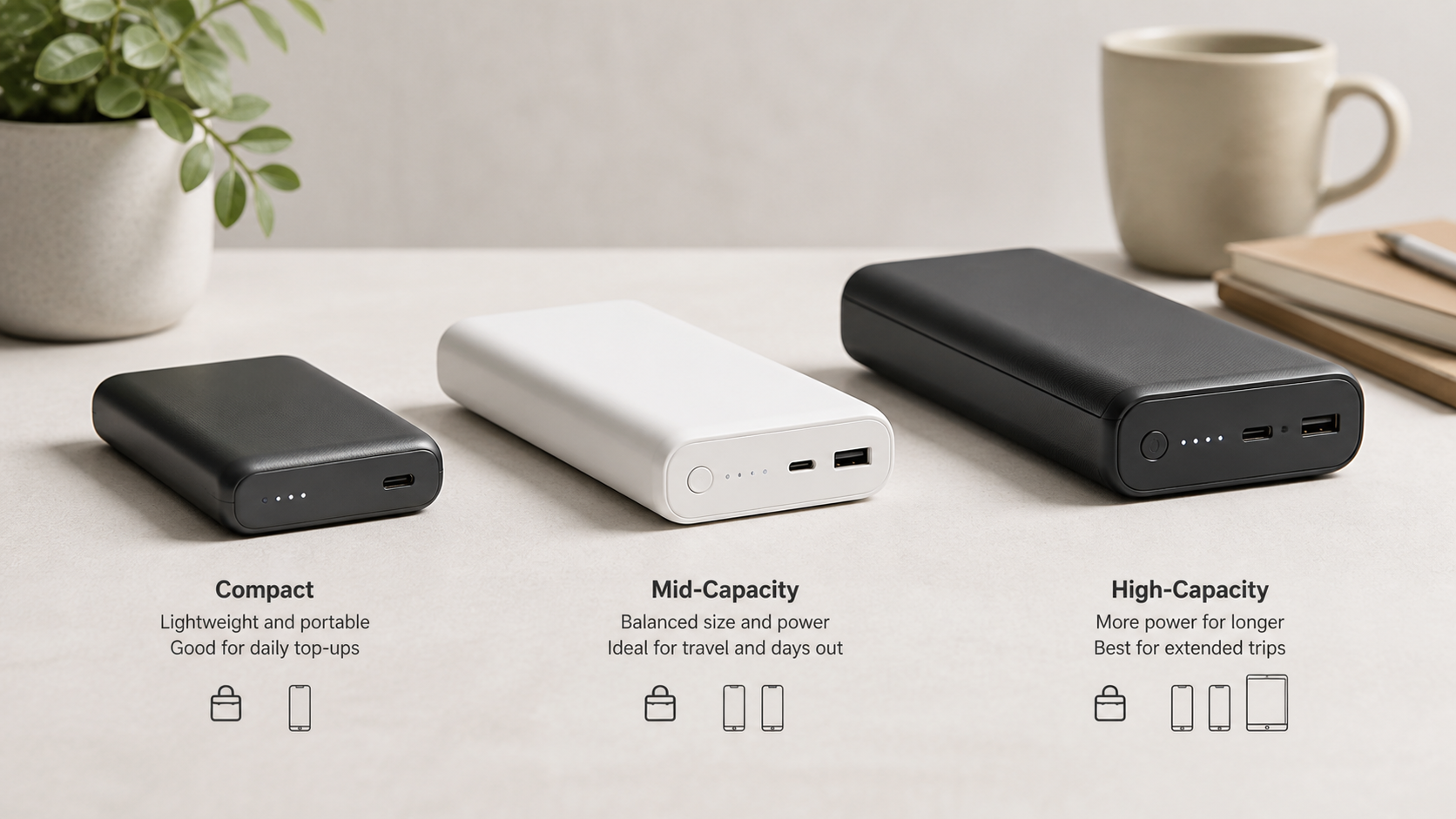 Power bank price comparison concept with three generic portable chargers in different sizes