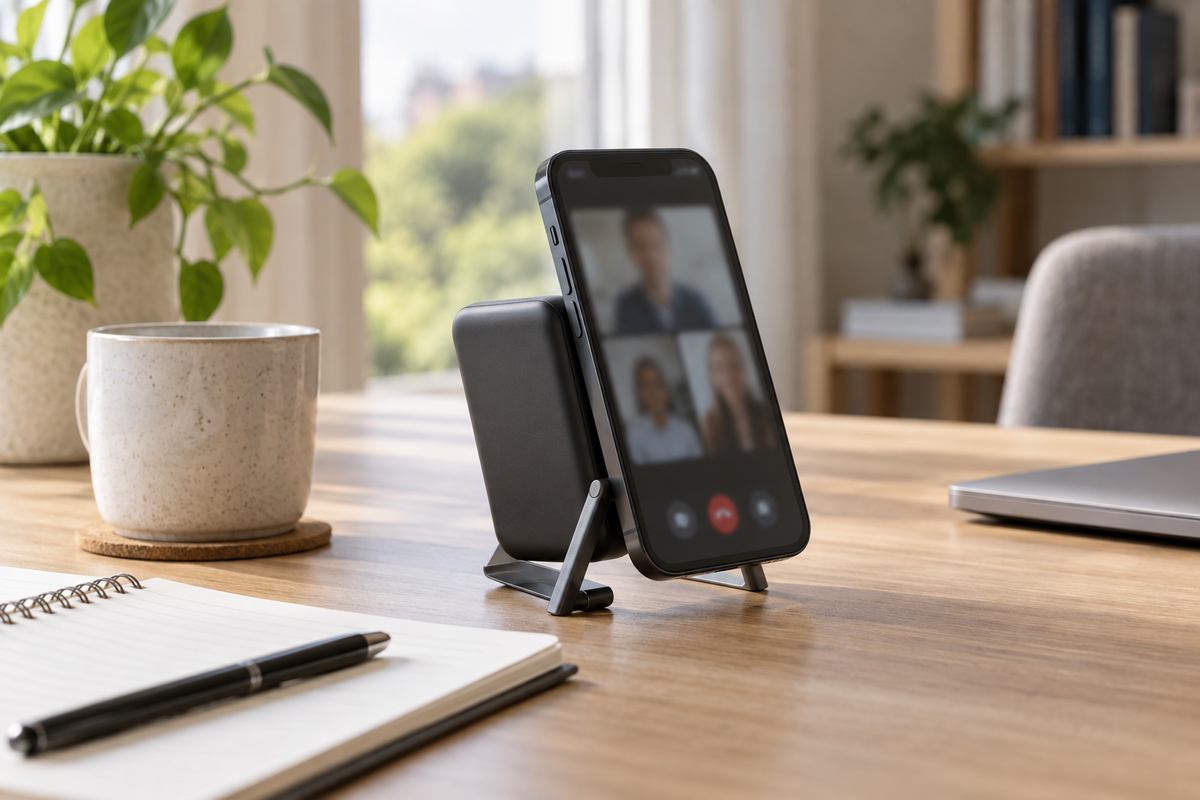 Generic phone on stand with portable power bank for a video call