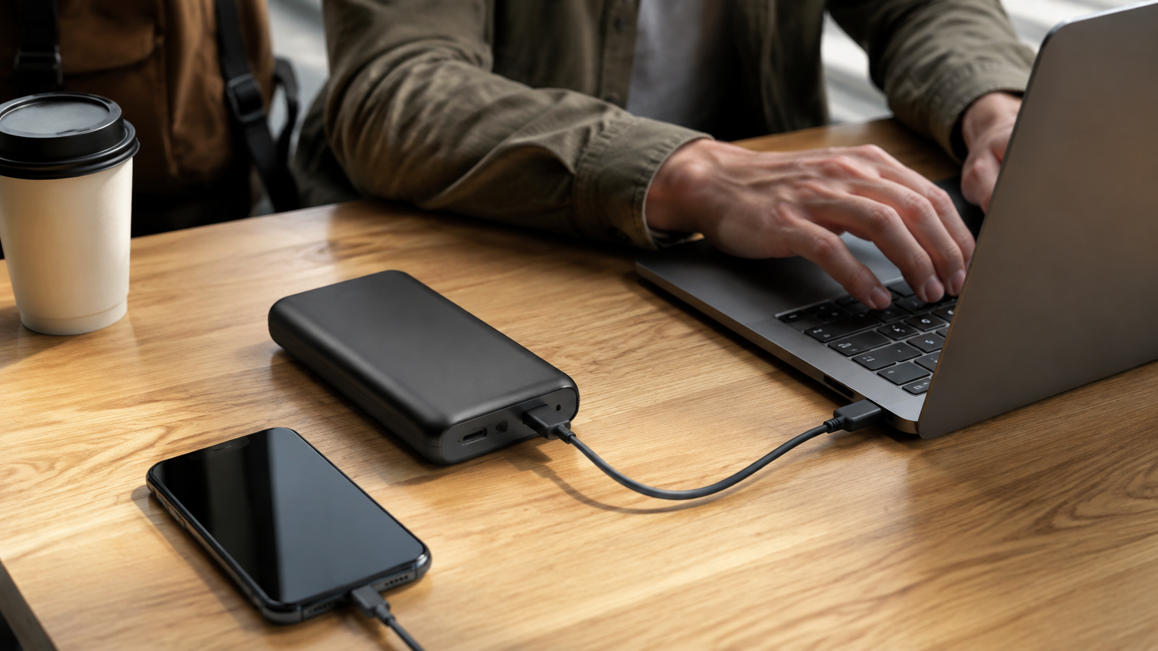 High-output power bank charging an unbranded laptop through USB-C