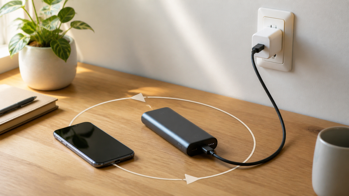 Rechargeable power bank connected to a wall charger beside a phone on a home desk