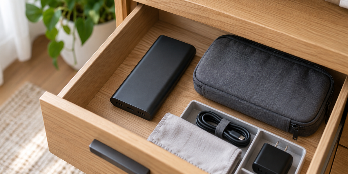 Generic portable power bank stored safely in an organized home drawer