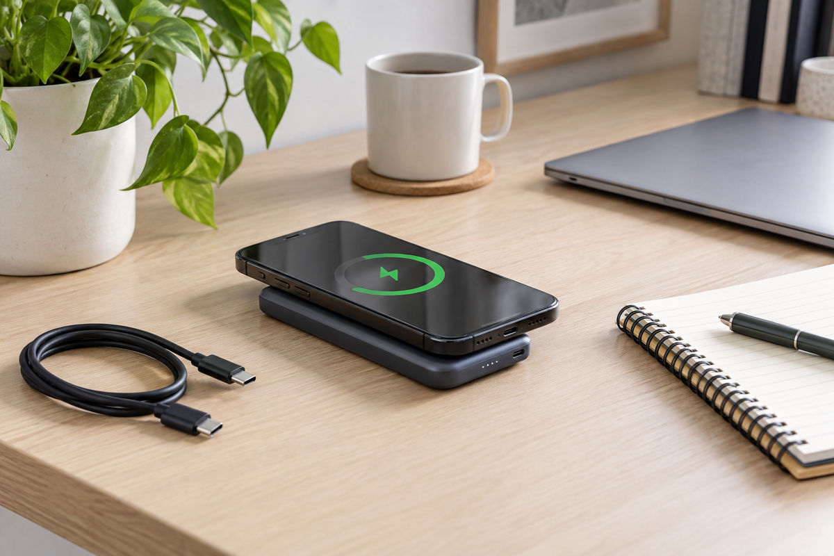 Generic magnetic wireless power bank in a tidy desk charging setup
