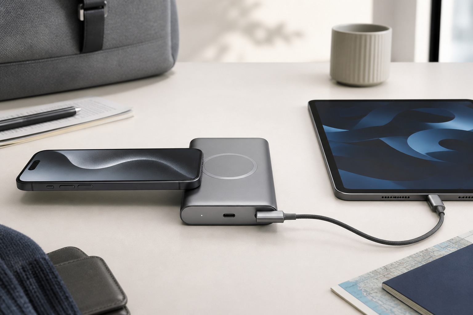 Wireless power bank vs wired power bank comparison with magnetic and USB-C charging
