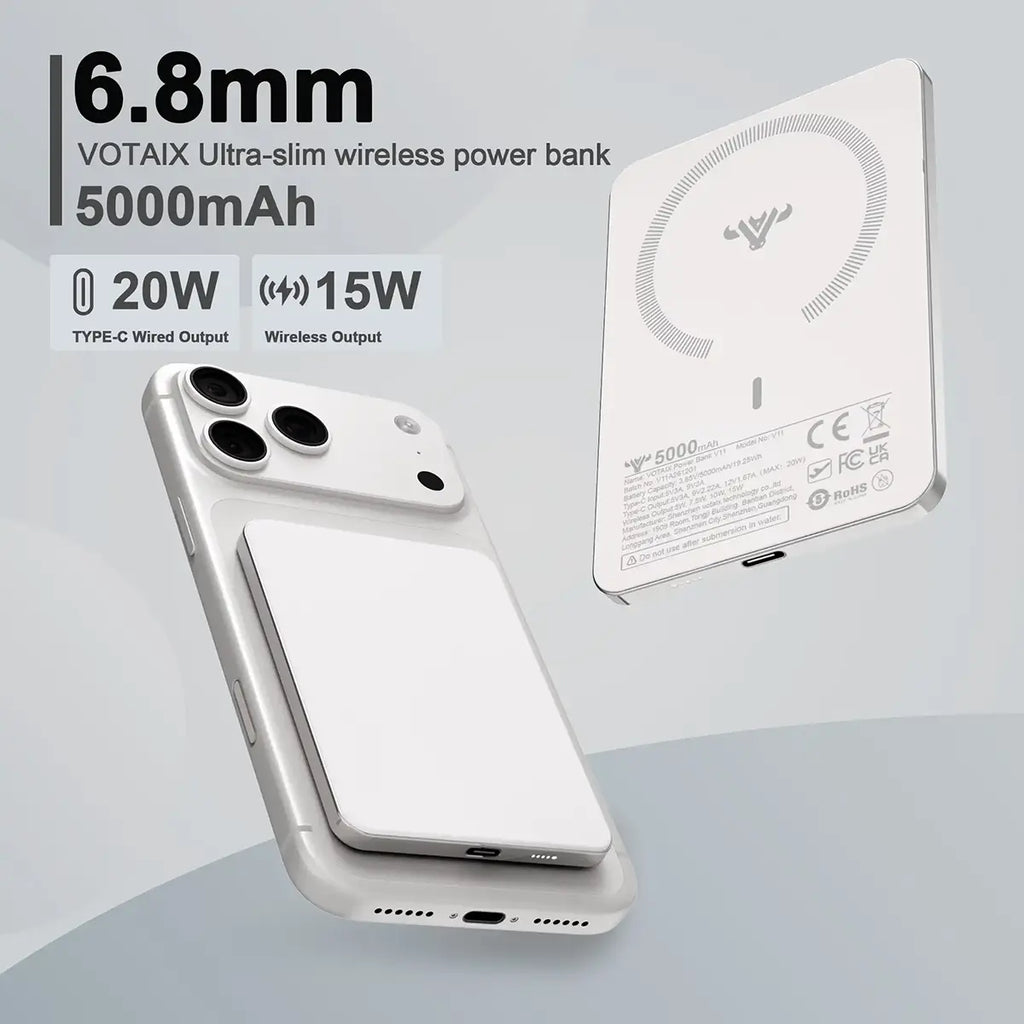 6.8mm Thinnest Power Bank 5000mAh, 15W Magnetic Wireless Charger with 20W USB-C Fast Charging
