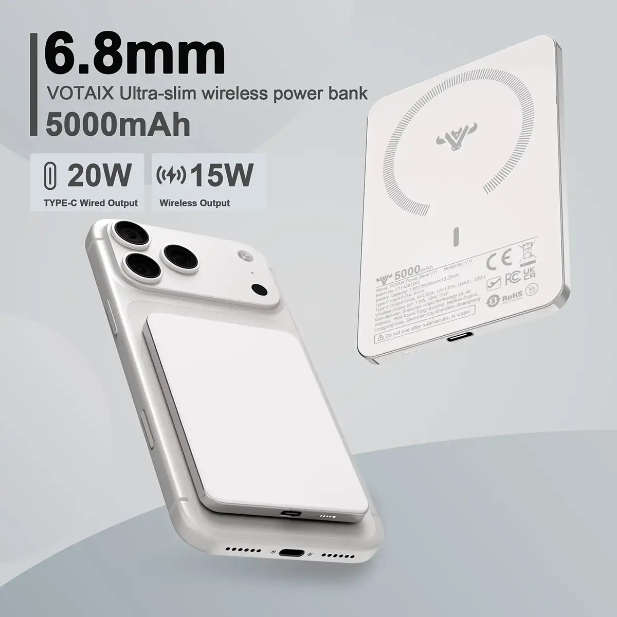 6.8mm Thinnest Power Bank 5000mAh, 15W Magnetic Wireless Charger with 20W USB-C Fast Charging