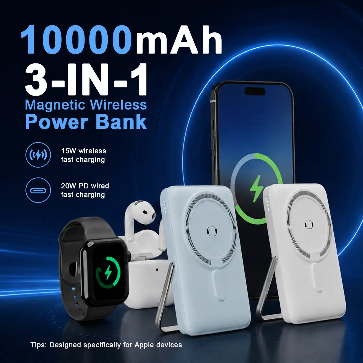 10000mAh 3-in-1 Wireless Portable Charger for iPhone, 15W Magnetic Wireless Charging, 20W USB-C PD Fast Charging, Built-in Foldable Stand, High Quality Power Bank Compatible with Apple Watch and AirPods