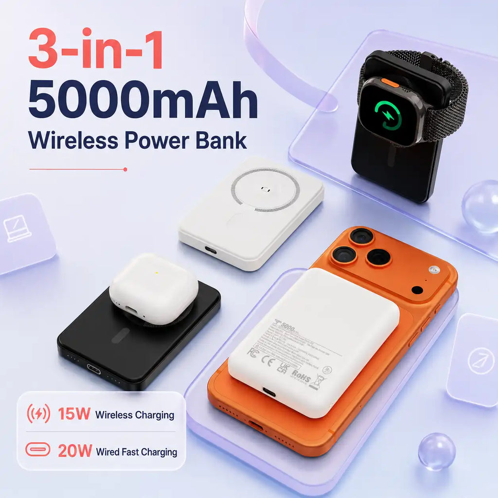 5000mAh Wireless Battery Charger, 3-in-1 Magnetic Portable Power Bank with 15W Wireless Charging and 20W USB-C Fast Charging for Phone, Apple Watch and Earbuds