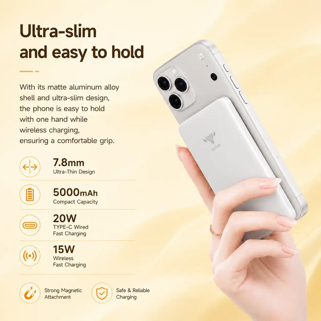 5000mAh ultra slim 7.8mm ultra thin power bank magnetic wireless portable charger 15W wireless charging and 20W USB-C wired fast charging Perfectly compatible with the iPhone series.