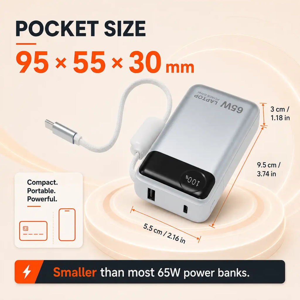 65W laptop power bank with built-in cable