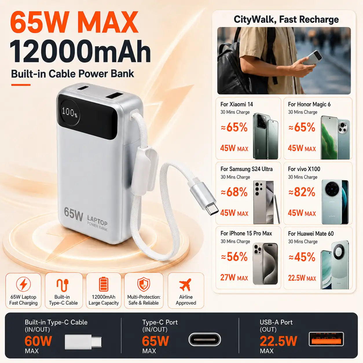 65W laptop power bank with Highly compatible