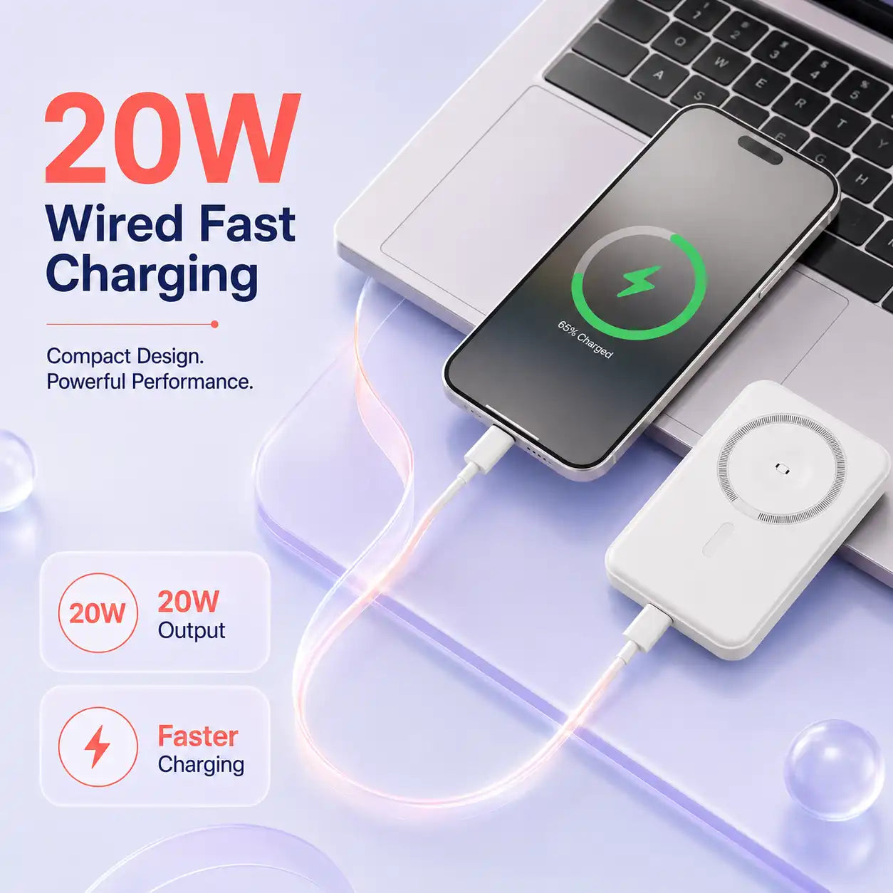 5000mAh Wireless Battery Charger, 3-in-1 Magnetic Portable Power Bank with 15W Wireless Charging and 20W USB-C Fast Charging for Phone, Apple Watch and Earbuds